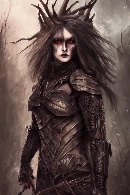 Image similar to dramatic dark forest scenery, girl with sharp fangs in hide leather armor, high fantasy concept art, poster