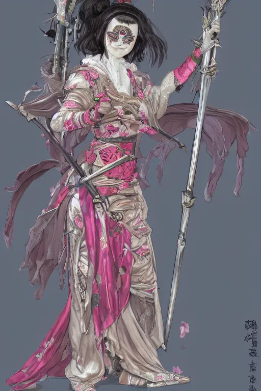 Prompt: full - bodied portrait, female changeling in rose - patterned eastern light armor, wielding a decorated halberd, wearing sandals, barefoot, geisha mask, realistic proportions, reasonable fantasy, ghostblade, wlop.