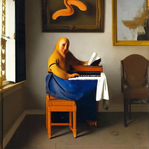 Image similar to octopus playing piano, sitting on the piano stool, oil painting, vermeer