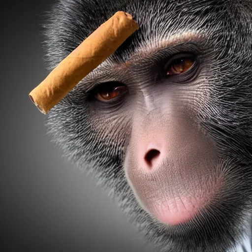 Image similar to a high detail closeup shot of a depressed monkey wearing a suit and smoking a cigar