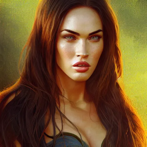 Prompt: portrait of megan fox as a fox, au naturel, hyper detailed, digital art, trending in artstation, cinematic lighting, studio quality, smooth render, unreal engine 5 rendered, octane rendered, art style by klimt and nixeu and ian sprigger and wlop and krenz cushart.