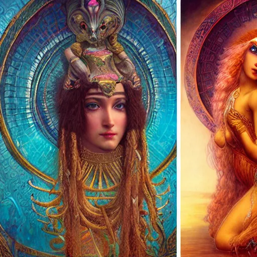 Image similar to artstation, intricate details, hyper details, by gaston bussiere and sandro botticelli, tan skin sumerian goddess inanna, lady of elche, egyptian sumerian features, techno mystic dominatrix goddess intergalactica, inanna with aqua neon rapunzel dreadlocks,