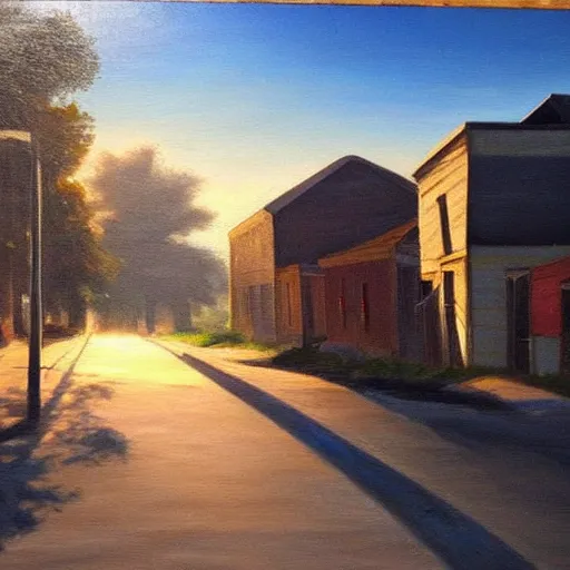 Prompt: oil painting of american landscape, western town, dusty street, sunrays, dramatic, very very very beautiful nature art, romanticism