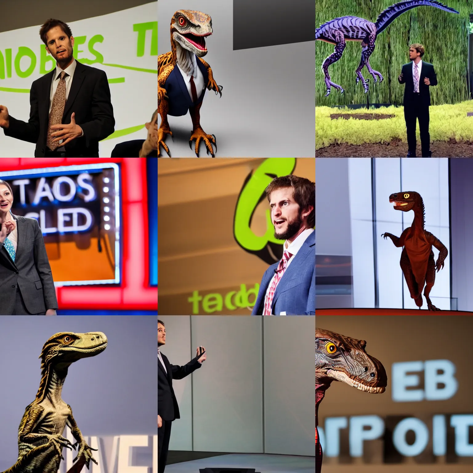 Prompt: a velociraptor in a business suit giving a TED Talk