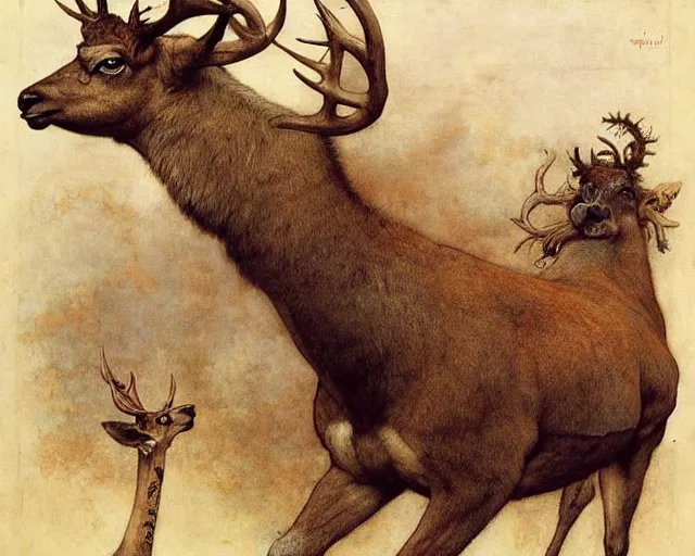 Image similar to Lama, Deer, Dog, Horse combined; fantastic sick damned mutant beast infected exposed damaged skin inflated blisters by Arthur Rackham, Eugene de Blaas, Frederic Leighton, Tom Bagshaw, Ivan Shishkin, Hans Thoma, Asher Brown Durand