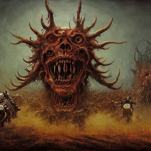 Image similar to motorbikers race in hell, horror art, by beksinski, szukalski, giger, pyromallis, dzo, iris compiet, seb mckinnon, digital art, highly detailed, intricate, sharp focus, trending on artstation hq, deviantart, pinterest, unreal engine 5, 4 k uhd image