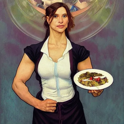 Image similar to epic portrait an muscular waitress wearing short sleeved uniform and carrying food, goddess, detailed, centered, digital painting, artstation, concept art, donato giancola, Dante Gabriel Rossetti, alphonse mucha, Joseph Christian Leyendecker, WLOP, Boris Vallejo, Annie Leibovitz and Steve McCurry, David Lazar, Jimmy Nelsson, Breathtaking, 8k resolution, extremely detailed, beautiful, establishing shot, artistic, hyperrealistic, beautiful face, octane render