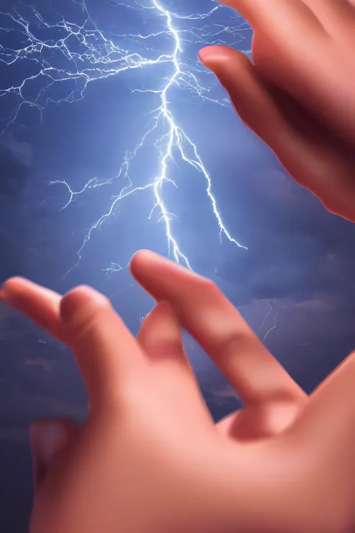 Image similar to photography of a hyper realistic lightning storm in a beautiful girl's hand. highly detailed, super power, stuning, intricate, complex, unreal engine 5.