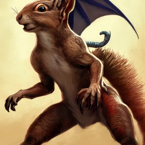 Image similar to Squirrel/dragon, ferocious, angry, magic the gathering artwork, D&D, fantasy, cinematic lighting, centered, symmetrical, highly detailed, digital painting, artstation, concept art, smooth, sharp focus, illustration, volumetric lighting, epic Composition, 8k, art by Akihiko Yoshida and Greg Rutkowski and Craig Mullins, oil painting, cgsociety