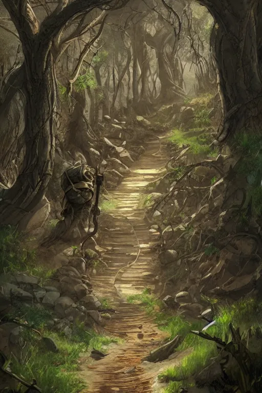 Prompt: sandy path leads to a dungeon in a forest, Artstation