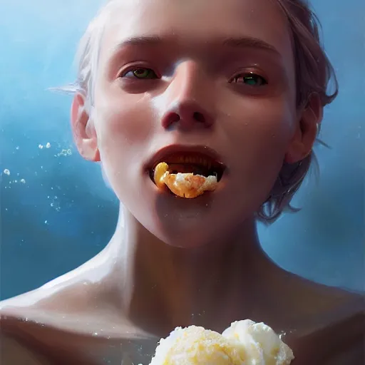 Prompt: a portrait of a pretty humanoid robot eating an icecream, artstation greg rutkowski, cinematic, hyperrealist, digital art