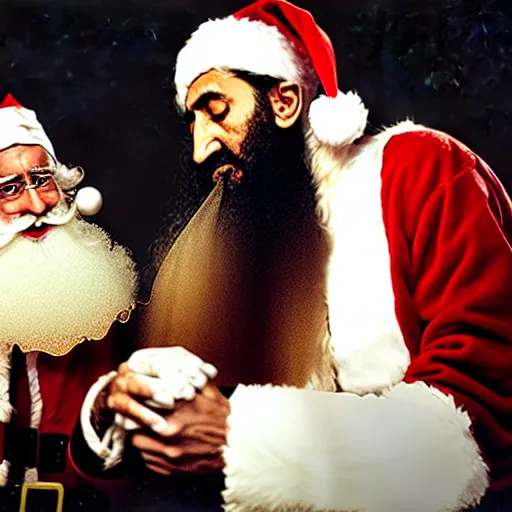 Image similar to uhd candid photo of bin laden and santa claus on skid row, making a dirty bomb. correct faces, studio lighting, intricate details, hyperdetailed, accurate faces. photo by annie leibowitz