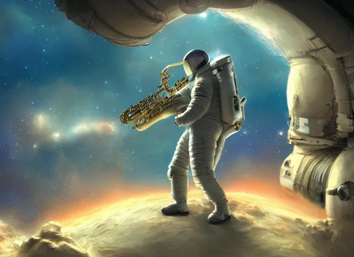 Prompt: craig mullins and ghibli digital illustration of an astronaut in the middle of the cosmos playing the saxophone, full body, strong contrast, earth, galaxies, ethereal, inviting, bright, raking light from constellations, unreal engine, hyper realism, realistic shading, cinematic composition, realistic render, octane render, detailed textures, photorealistic, wide shot