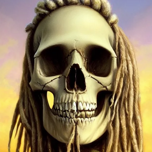 Prompt: a detailed and accurate masterpiece painting of a skull with white dreadlocks, white hai dreads deep in mud in a swamp at sunset, sharp detail, by tyler edlin, noah bradley, john j. park, jordan grimmer trending on artstation