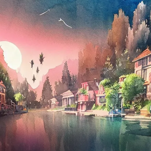 Prompt: Beautiful happy picturesque charming sci-fi town in harmony with nature. Beautiful light. Water and plants. Nice colour scheme, soft warm colour. Beautiful detailed artsy watercolor by Vincent. (2022)