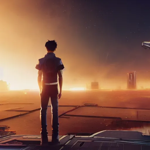 Image similar to cinematic still of a male athetic japanese standing next to a spaceship, dramatic clouds, city in the distant on fire, unreal engine 5 digital art