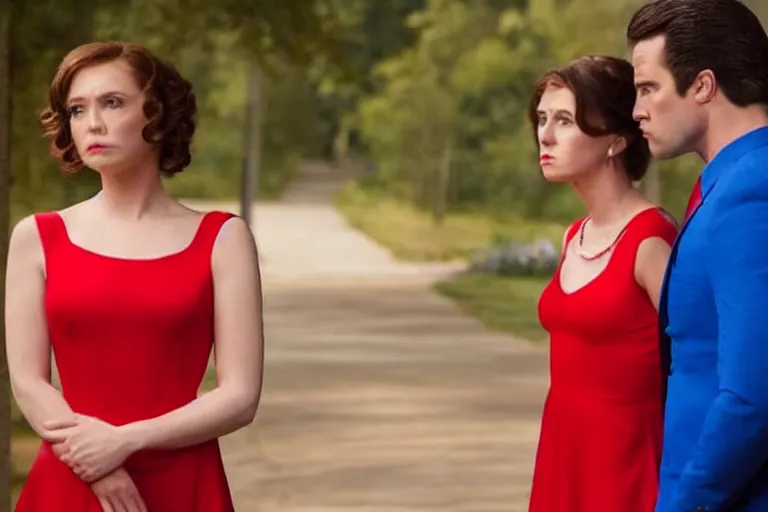 Prompt: full body film still of a man longingly looking at a far away woman in a red dress as a woman in a blue dress looks disgusted at the man in the new romance comedy movie, dramatic angle, dramatic lighting