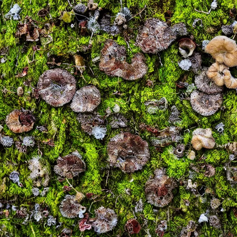 Image similar to a drawn picture lichens and moss close-up various fungus, mushrooms and plants, Atmospheric phenomenon, artistic photography, muted colors, conceptual, long exposure outside the city