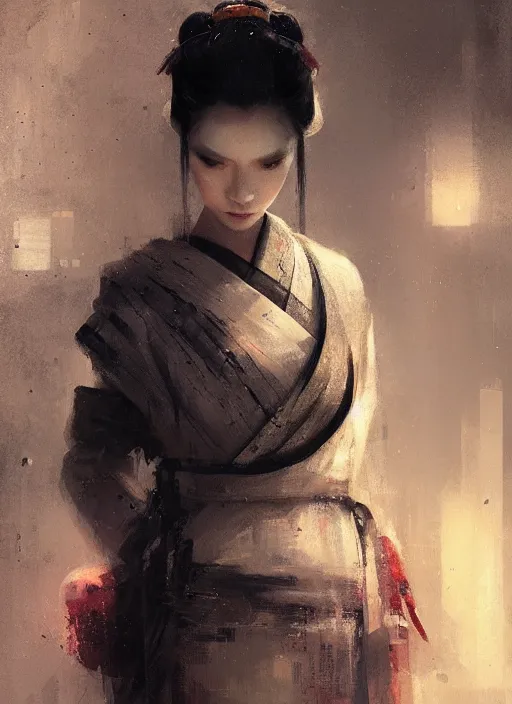 Image similar to female geisha girl, beautiful face, bladerunner, rule of thirds, intricate outfit, spotlight, by greg rutkowski, by jeremy mann, digital painting