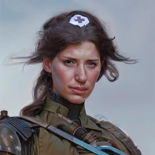 Prompt: a portrait of a woman medic during a battlefield, highly detailed, centered, digital painting, artstation, concept art, donato giancola, Joseph Christian Leyendecker, WLOP, Boris Vallejo, Breathtaking