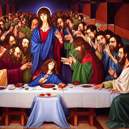 Prompt: photorealistic evangelion at jesus's last supper, Hyperdetailed, 108 Megapixels