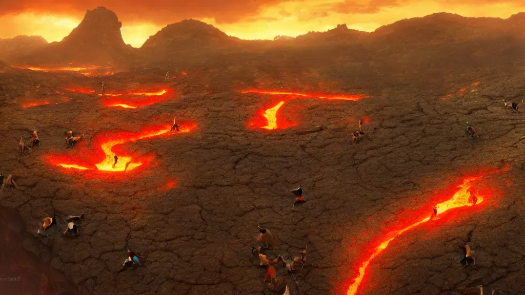 Image similar to colony of humanoid ants, beautiful lava landscape, dramatic lighting, cinematic, extremly high detail, photorealistic, cinematic lighting, post processed, concept art, artstation, matte painting, style by greg rutkowsky, by beautiful walt disney animation films of the late 1 9 9 0 s and thomas cole in hd, perfect readability