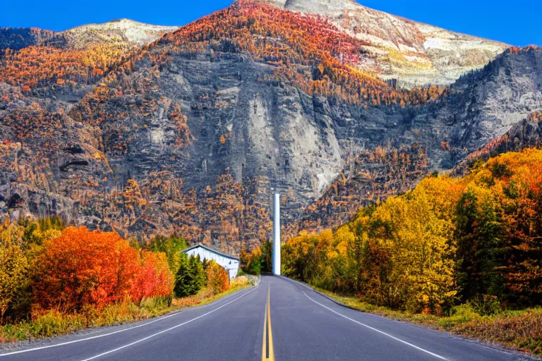 Image similar to a road with warehouses on either side, and an autumn mountain behind it with a radio tower on top. Lens compression, photography highly detailed