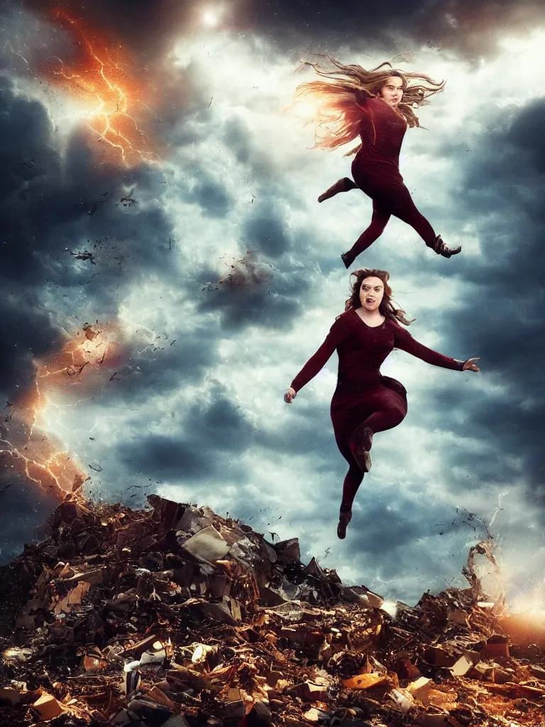 Image similar to expressive full body photo of florence pugh flying through a storm of debris, decolletage, confident pose, coherent, insane detail, concept art, character concept, cinematic lighting, global illumination radiating a glowing aura