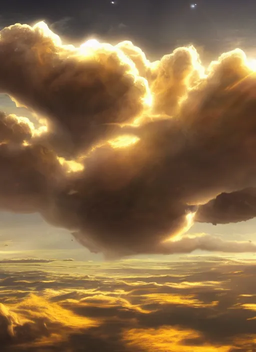 Prompt: spaceship souring through clouds, detailed, sci if, high quality, ultra detail, top light, resources background, gold, sunny, puffy clouds, cinematic, concept art, by mobius