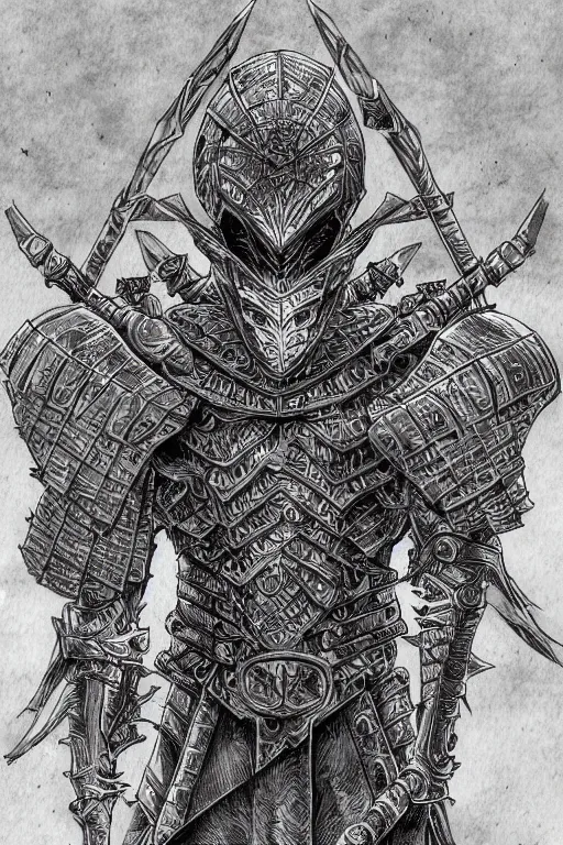 Image similar to needle armoured warrior, symmetrical, highly detailed, digital art, needle themed armour, sharp focus, trending on art station, kentaro miura manga art style