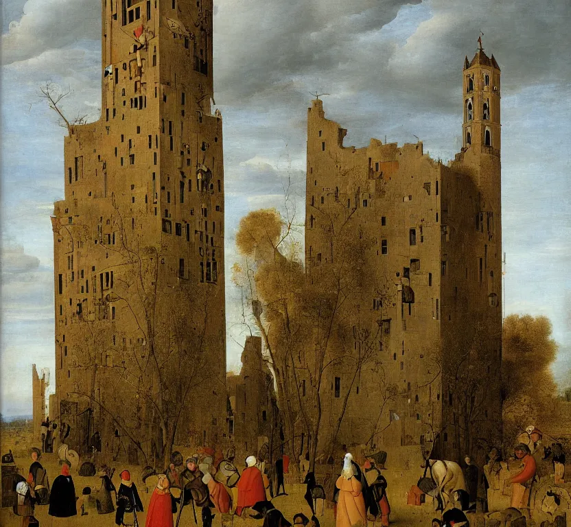 Image similar to a tall tower, by pieter breugel the elder