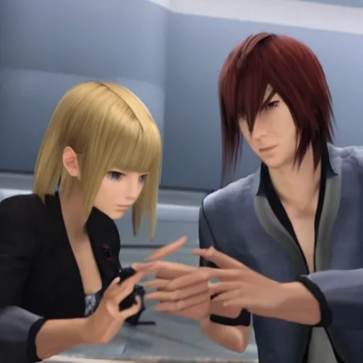 Image similar to a still of from the movie lost in translation crossover with the game final fantasy viii