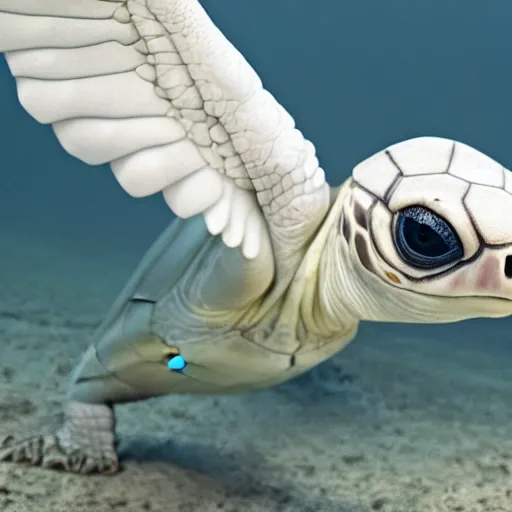 Prompt: A turtle with white wings instead od it's legs, realistic, close up, 8k, ultra high detail.