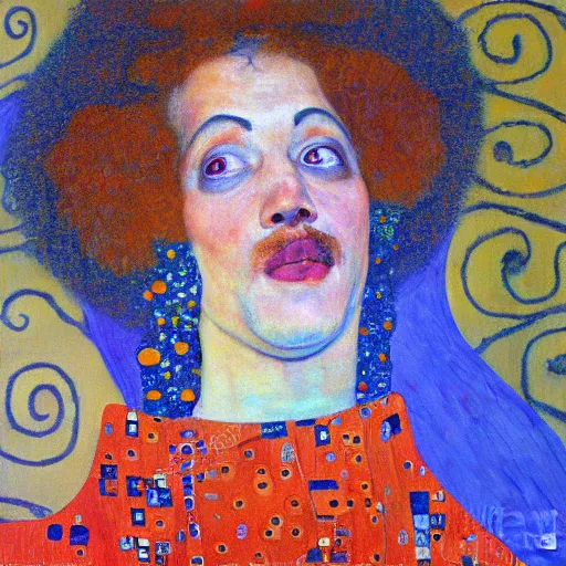 Image similar to detailing character concept portrait of clown by Gustav Klimt, on simple background, oil painting, middle close up composition