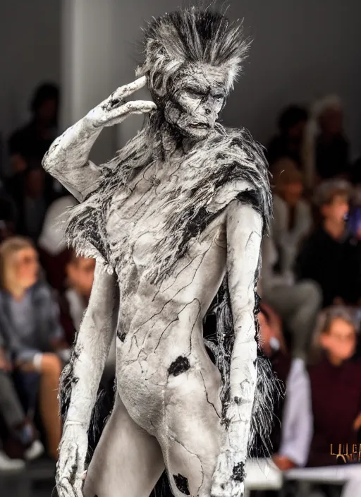 Image similar to hyperrealistic and heavy detailed off white avant garde runway show of thanos ( marvel comics ), leica sl 2 5 0 mm, vivid color, high quality, high textured, real life