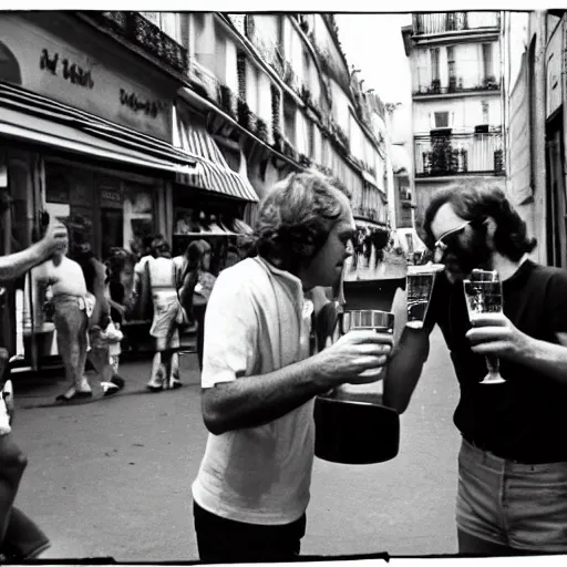 Prompt: Paris 1975, hot summer day, two man are drinking beers from enormous glasses, black and white, street photography, high quality
