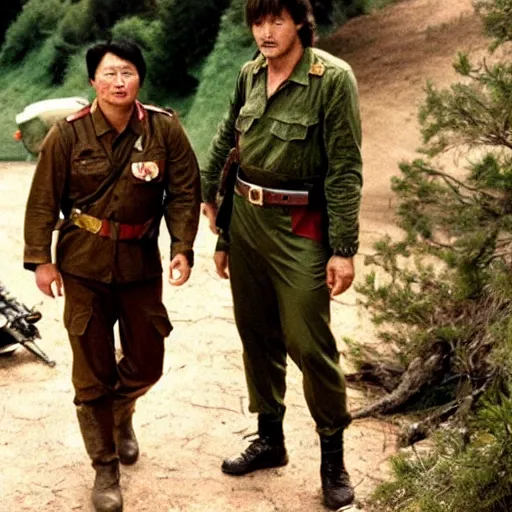 Image similar to a still of Rambo First blood with Kim Jong-il on the role of John Rambo