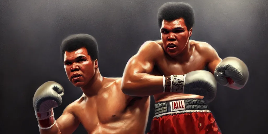 Prompt: portrait of muhammad ali in boxing ring, extremely detailed digital painting, in the style of fenghua zhong and ruan jia and jeremy lipking and peter mohrbacher, mystical colors, rim light, beautiful lighting, 8 k, stunning scene, raytracing, octane, trending on artstation