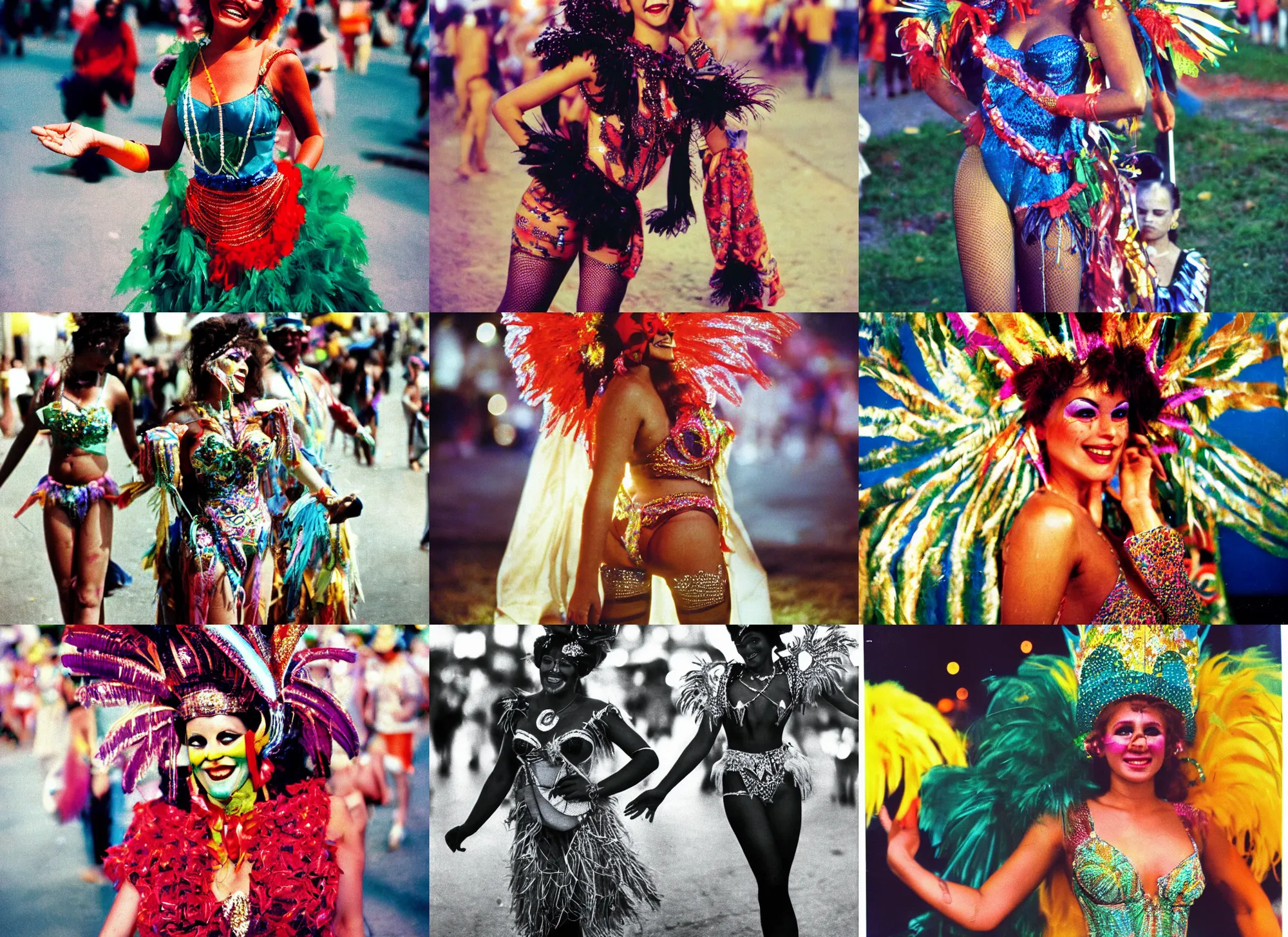 Prompt: color photograph portrait of a beautiful woman in dress as the brazilians carnival, smile tights, people, night, summer, dramatic lighting, 1 9 9 0 photo from live magazine.