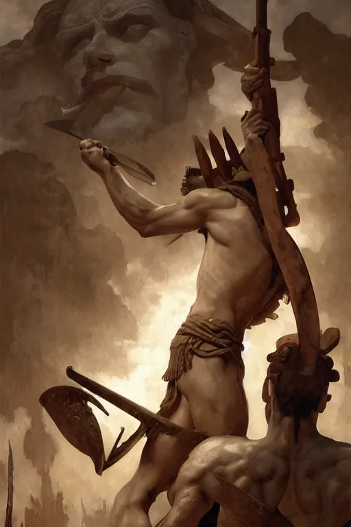 Image similar to ancient historically accurate depiction of the Bible Character Goliath of Gath, the Philistine warrior giant by frank miller, illustration by Ruan Jia and Mandy Jurgens and William-Adolphe Bouguereau, Artgerm, 4k, digital art, surreal, space dandy style, highly detailed, godsend, artstation, digital painting, concept art, smooth, sharp focus, illustration by Ruan Jia and Mandy Jurgens and William-Adolphe Bouguereau, Artgerm