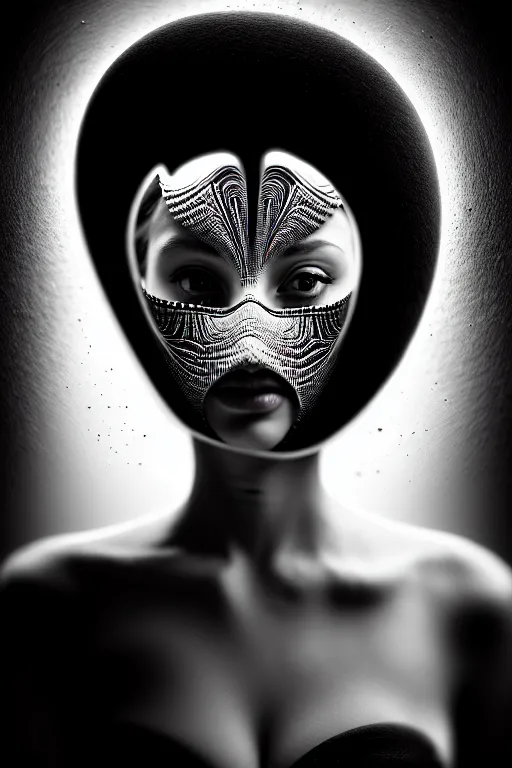 Image similar to portrait of a young beautiful woman with a mask. contemporary photograph, speed painting, fractal, mandelbulb. black and white, black on black. intricate, elegant, super highly detailed, professional digital painting, concept art, smooth, sharp focus, no blur, no dof, extreme illustration, Unreal Engine 5, Photorealism, HD quality, 8k resolution, 3D, beautiful, cinematic, art