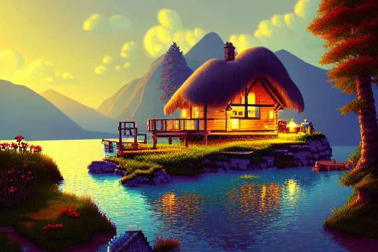 Prompt: view of a cottage above an azure lake, beautiful detailed pixelart by albertov and by wlop, intricate details, dithered gradients, beautiful, volumetric lighting, cgsociety, artstation