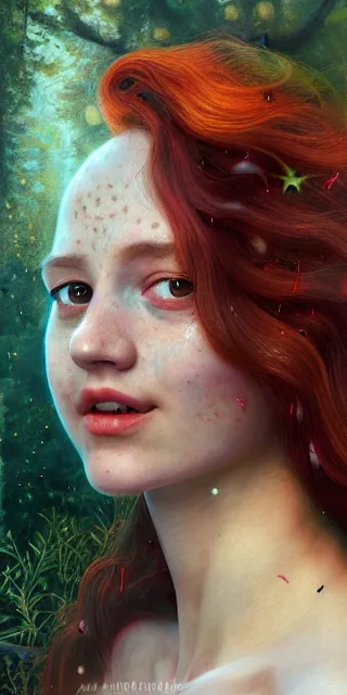 Image similar to young woman, smiling amazed, firefly lights, full covering intricate detailed dress, amidst nature, long red hair, precise linework, accurate green eyes, small nose with freckles, beautiful oval shape face, empathic, expressive emotions, dramatic lights, hyper realistic ultrafine art by artemisia gentileschi, jessica rossier, boris vallejo