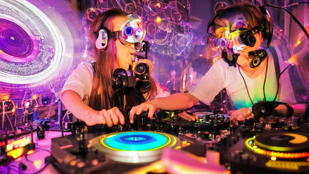 Image similar to a woman wearing goggles and visor and headphones using an intricate clockwork record player turntable contraption, wires and tubes everywhere, turntablism dj scratching, intricate planetary gears, cinematic, imax, sharp focus, led light strips, bokeh, iridescent, black light, fog machine, hazy, computer screens, lasers, light trails, hyper color photograph