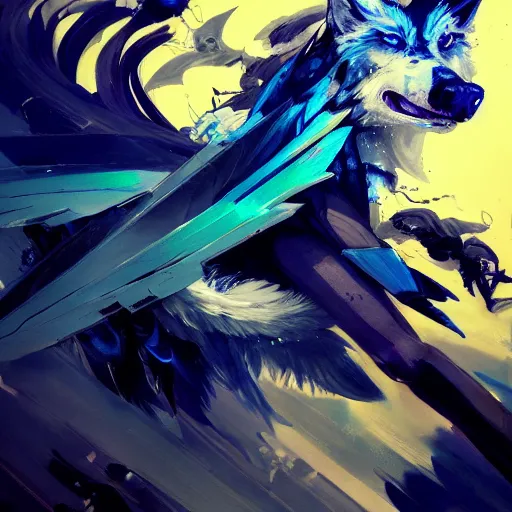 Image similar to concept art of winged wolf neon blue and black, highly detailed painting by dustin nguyen, akihiko yoshida, greg tocchini, 4 k, trending on artstation, 8 k