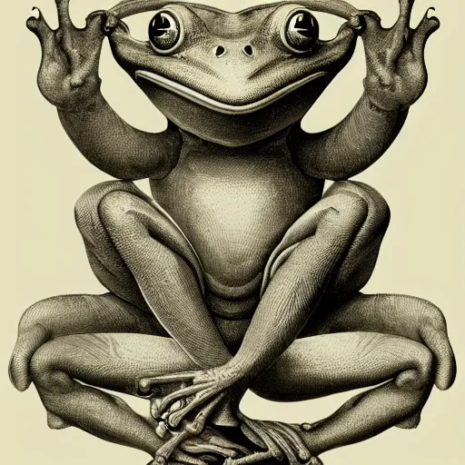 Image similar to full page antique lithograph anathomy of intelligent humanoid frog-like creature godotr, White background, art print, clean brush stroke, realistic highly detailed, 8k post-processing highly detailed, rendered by octane engine, esty