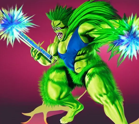 Prompt: blanka from street fighter in an eighties new wave band,