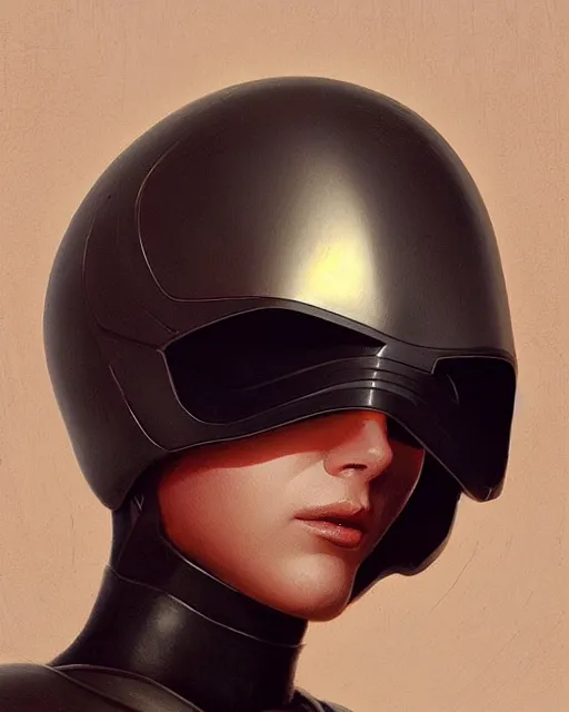 Prompt: smooth lustrous black featureless helmet, by greg rutkowski, mark brookes, jim burns, tom bagshaw, magali villeneuve, trending on artstation