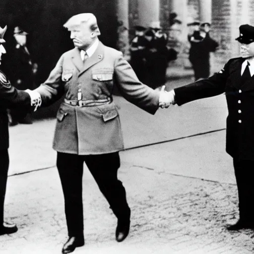 Prompt: donald trump shaking hands with Adolf Hitler, photography, 8k,