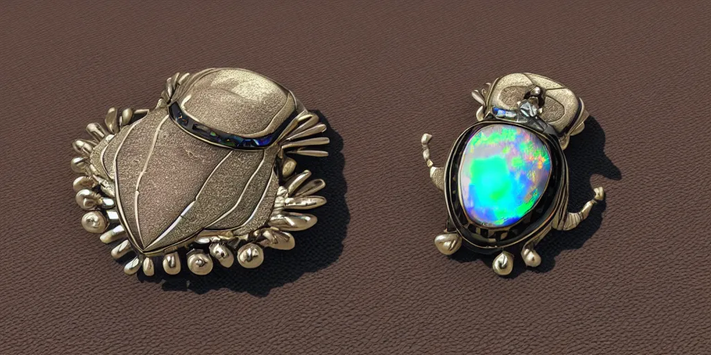 Image similar to jewelry engraved in scarab, beetle, opal diamond, art noveau, art deco, 8k , artstation, render, elegant, album art